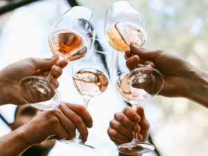 A group of friends toasting with wine glasses in a joyful outdoor celebration.